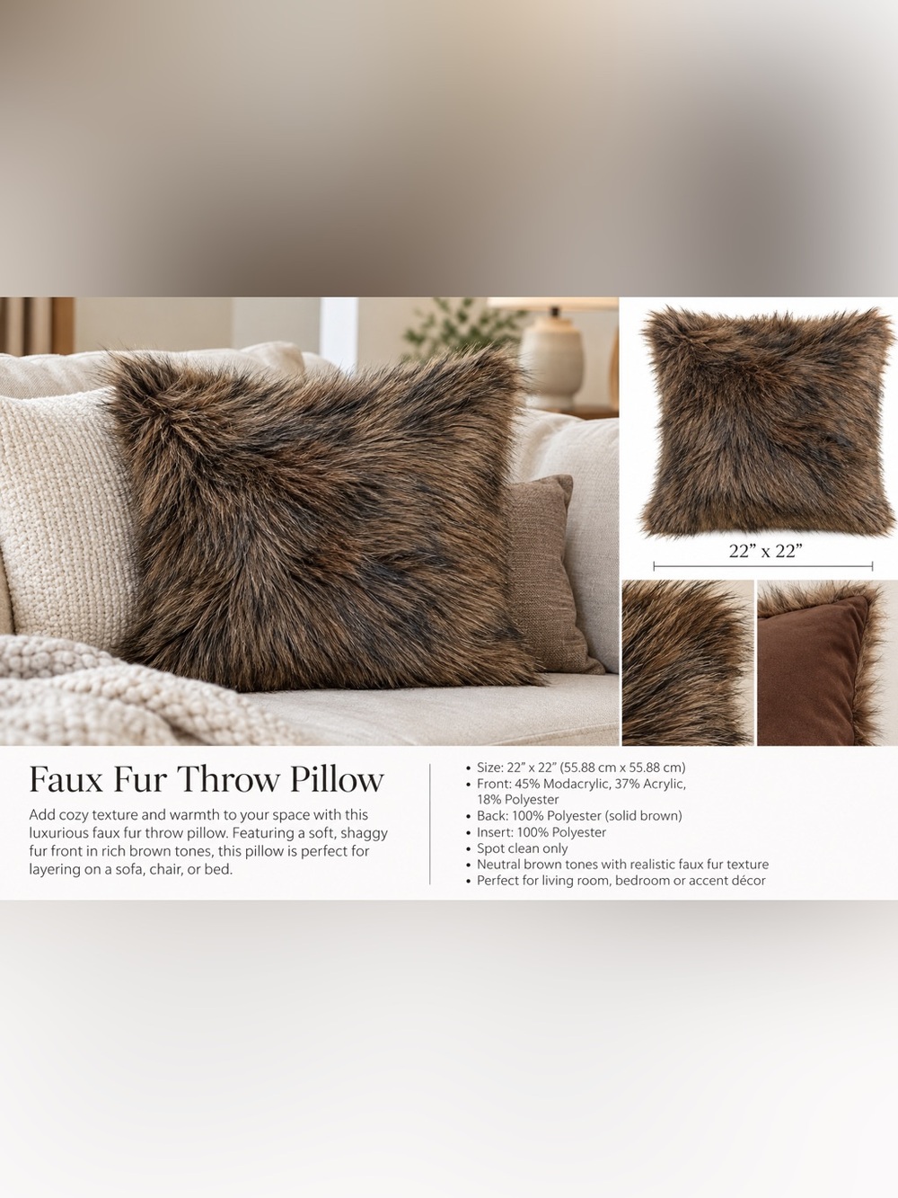 Faux Fur Throw Pillow - 22 by 22 NEW